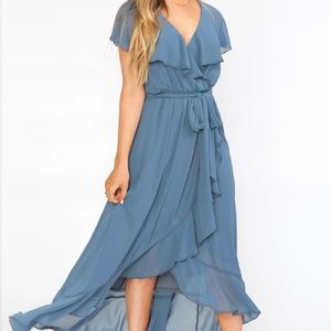Slate blue ruffle dress (Show Me Your Mumu Jess) M